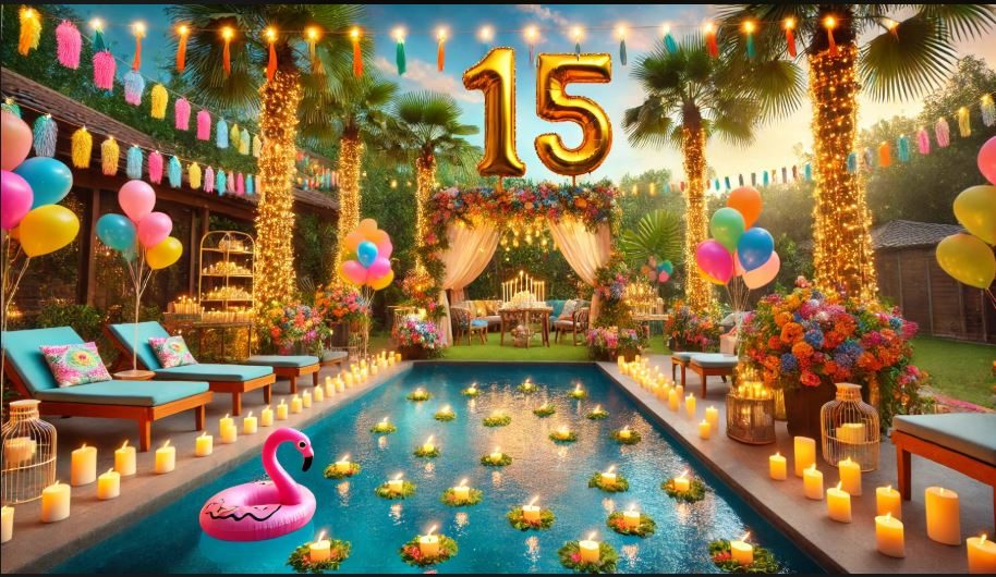 Decoração de Festa de 15 Anos na Piscina