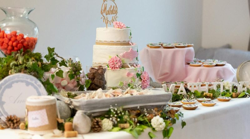 A beautifully decorated dessert table featuring a floral wedding cake and various sweets, perfect for celebrations.